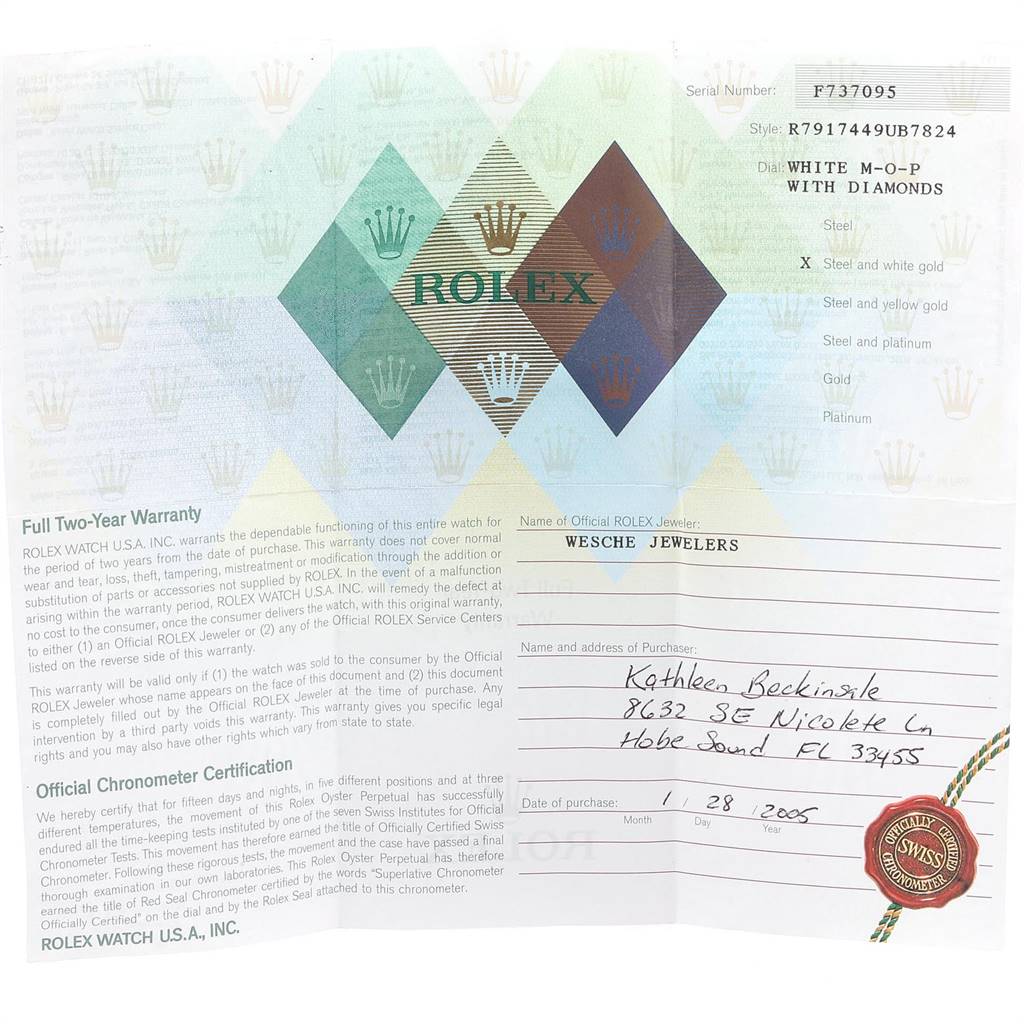 The image shows a warranty card for a Rolex Datejust 79174 Women
s Stainless Steel Mother of Pearl Dial 79174 Women
s Stainless Steel Mother of Pearl Dial model, detailing model information and purchase details.