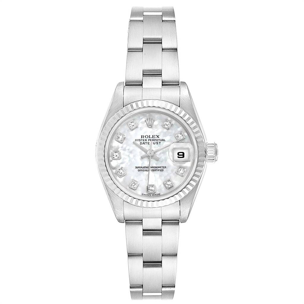The Datejust model by Rolex is shown from a top-down angle, displaying the face, bezel, and part of the bracelet.