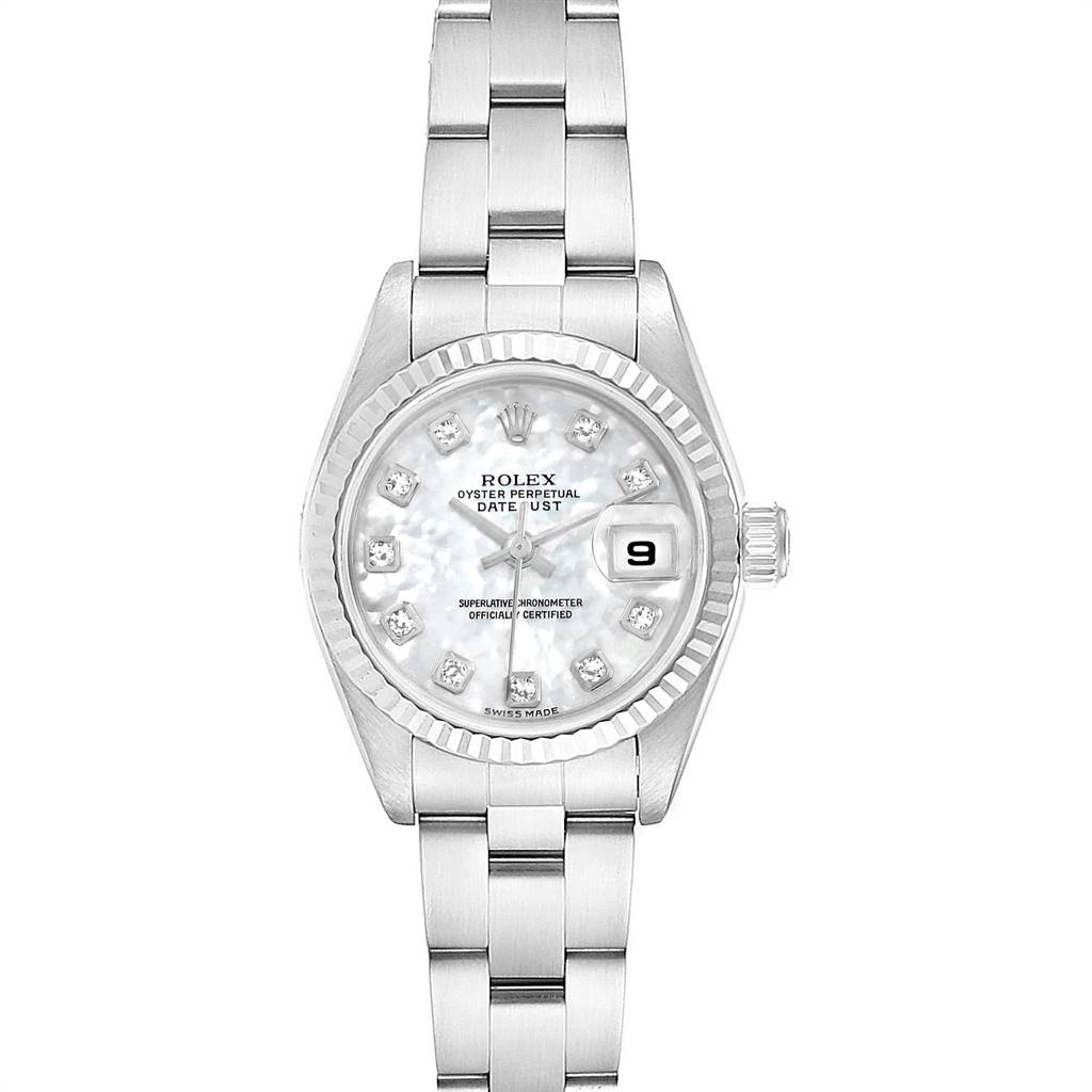 The image shows a Rolex Datejust 79174 Women
s Stainless Steel Mother of Pearl Dial 79174 Women
s Stainless Steel Mother of Pearl Dial watch from a front angle, displaying the dial, bracelet, and date window.
