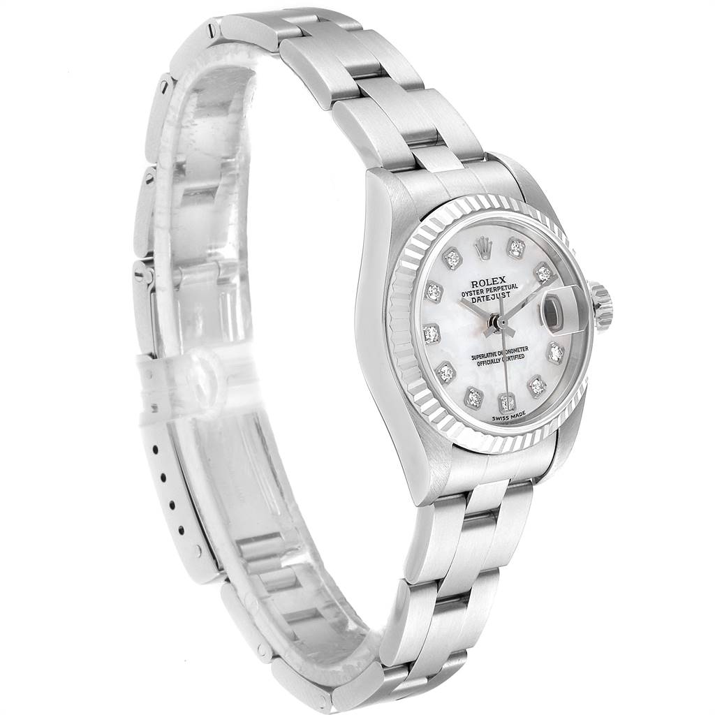 The Rolex Datejust 79174 Women
s Stainless Steel Mother of Pearl Dial 79174 Women
s Stainless Steel Mother of Pearl Dial watch is shown at an angled side view, displaying the bracelet and face with diamond hour markers.