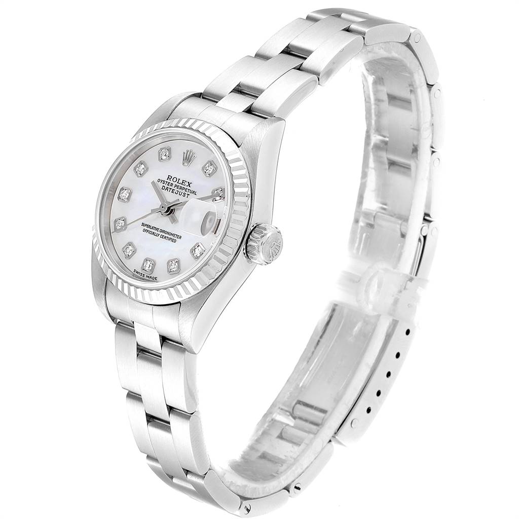 The Rolex Datejust 79174 Women
s Stainless Steel Mother of Pearl Dial 79174 Women
s Stainless Steel Mother of Pearl Dial watch is shown at an angled side view, highlighting the face, crown, and bracelet.