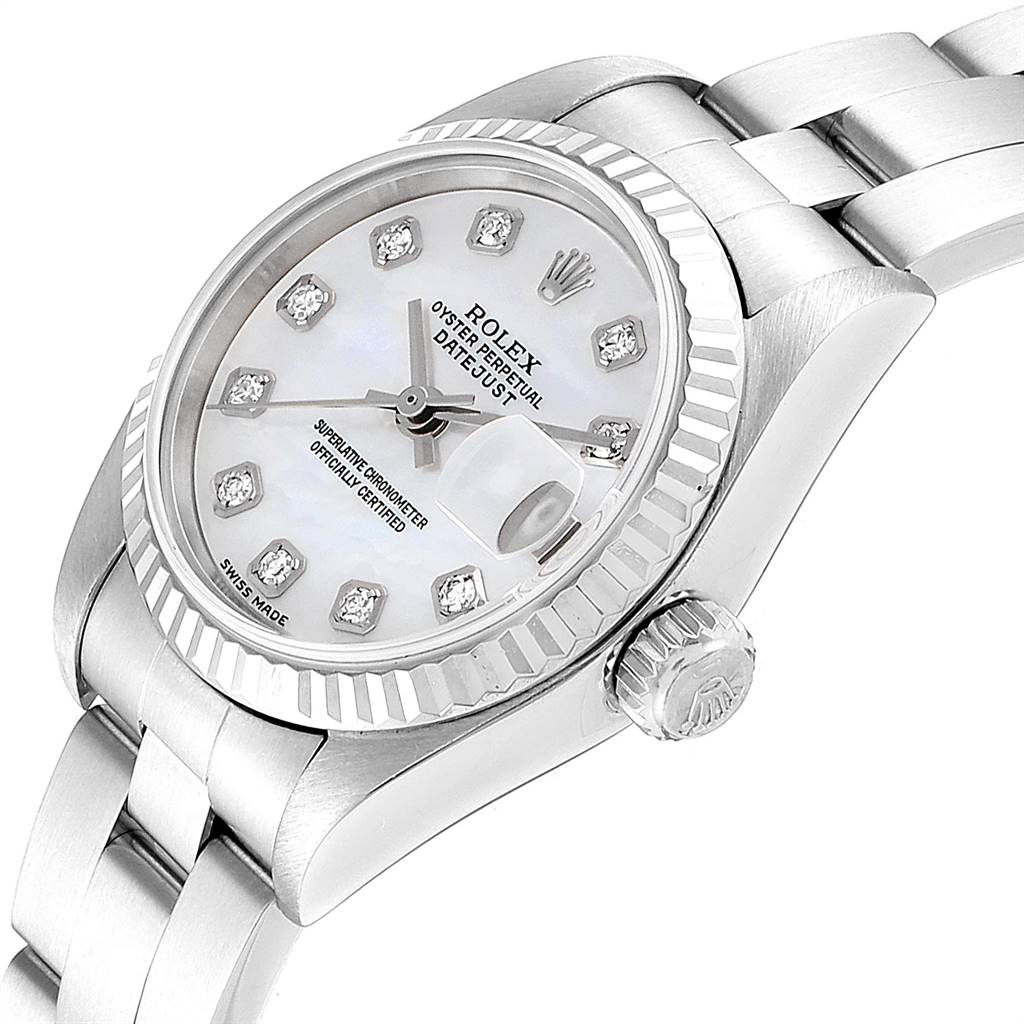 The image shows a close-up angled view of the Rolex Datejust 79174 Women
s Stainless Steel Mother of Pearl Dial 79174 Women
s Stainless Steel Mother of Pearl Dial, displaying the dial, bezel, crown, and part of the bracelet.
