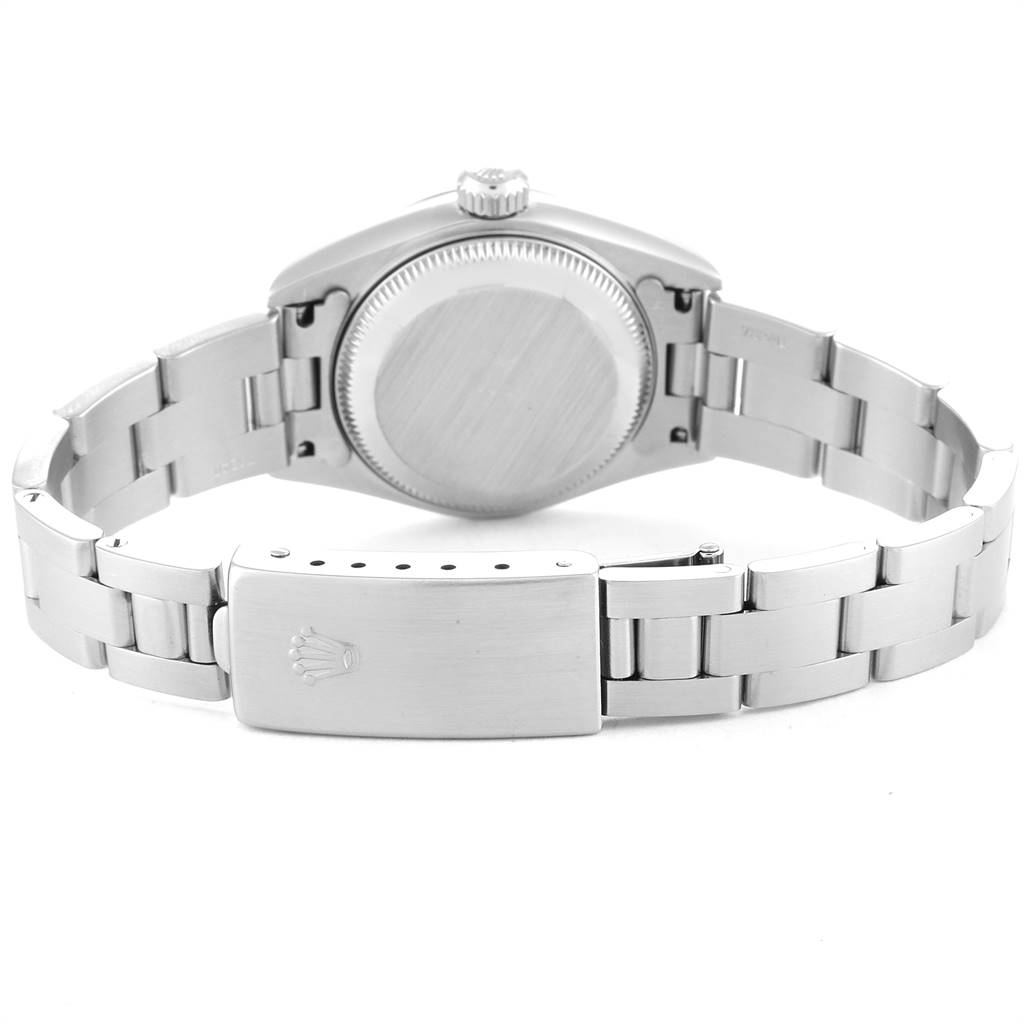 This image shows the back case, crown, and bracelet clasp of a Rolex Datejust 79174 Women
s Stainless Steel Mother of Pearl Dial 79174 Women
s Stainless Steel Mother of Pearl Dial watch from a rear angle.