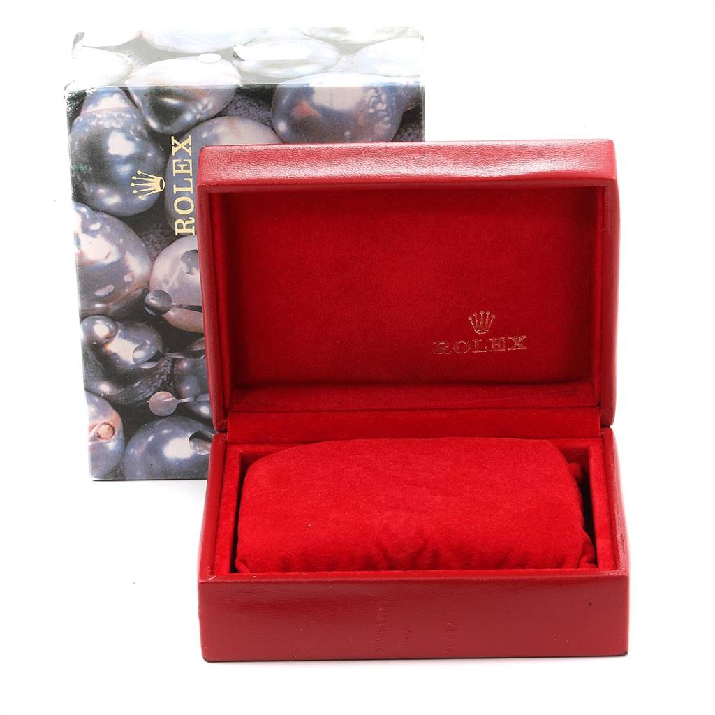 The image shows a Rolex Datejust 69173 Women's Stainless Steel Champagne Dial 69173 Women's Stainless Steel Champagne Dial watch box and case in red, with the interior lid displaying the brand logo.