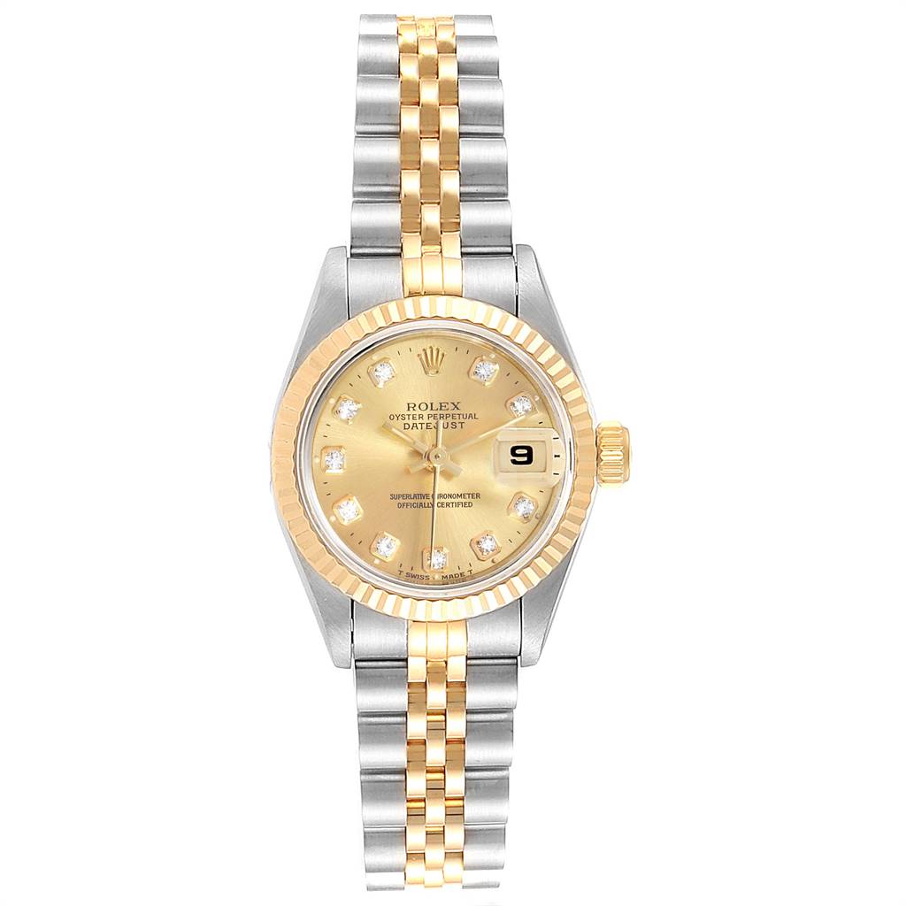 The image shows a front view of the Rolex Datejust 69173 Women's Stainless Steel Champagne Dial 69173 Women's Stainless Steel Champagne Dial watch, highlighting its gold and silver jubilee bracelet, gold fluted bezel, and diamond hour markers.