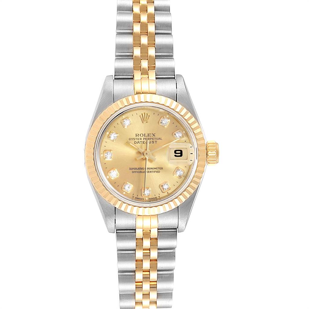 This image shows a frontal view of a Rolex Datejust 69173 Women's Stainless Steel Champagne Dial 69173 Women's Stainless Steel Champagne Dial watch with a two-tone metal strap and diamond hour markers.