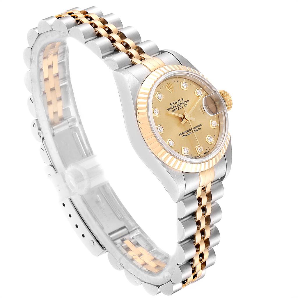 A Datejust model by Rolex is displayed at a three-quarter angle, showing the face, bezel, and bracelet prominently.
