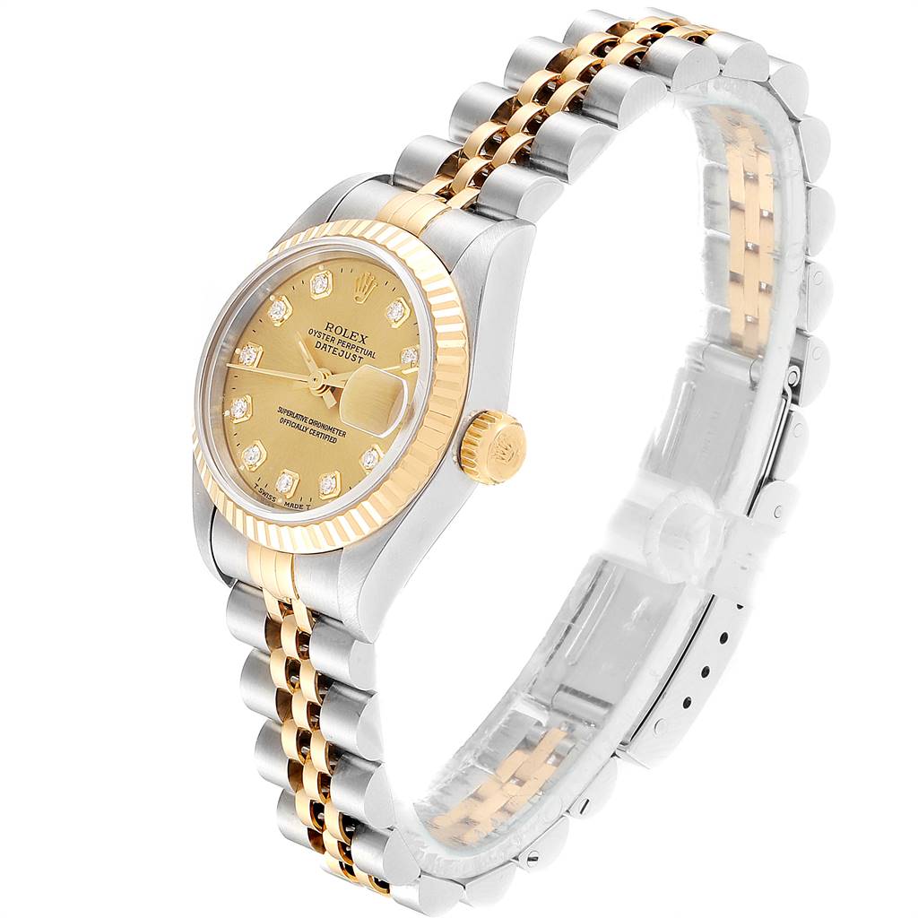 The Rolex Datejust 69173 Women's Stainless Steel Champagne Dial 69173 Women's Stainless Steel Champagne Dial watch is shown at a slight angle, showcasing the dial, bezel, crown, and two-tone bracelet.