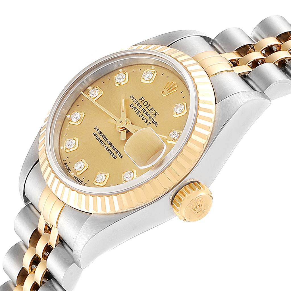 This image shows an angled view of a Rolex Datejust 69173 Women's Stainless Steel Champagne Dial 69173 Women's Stainless Steel Champagne Dial watch, highlighting the dial, bezel, crown, and bracelet.