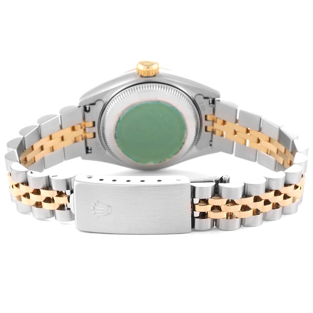 This image shows the back view of a Rolex Datejust 69173 Women's Stainless Steel Champagne Dial 69173 Women's Stainless Steel Champagne Dial model's case and its two-tone Jubilee bracelet with clasp.