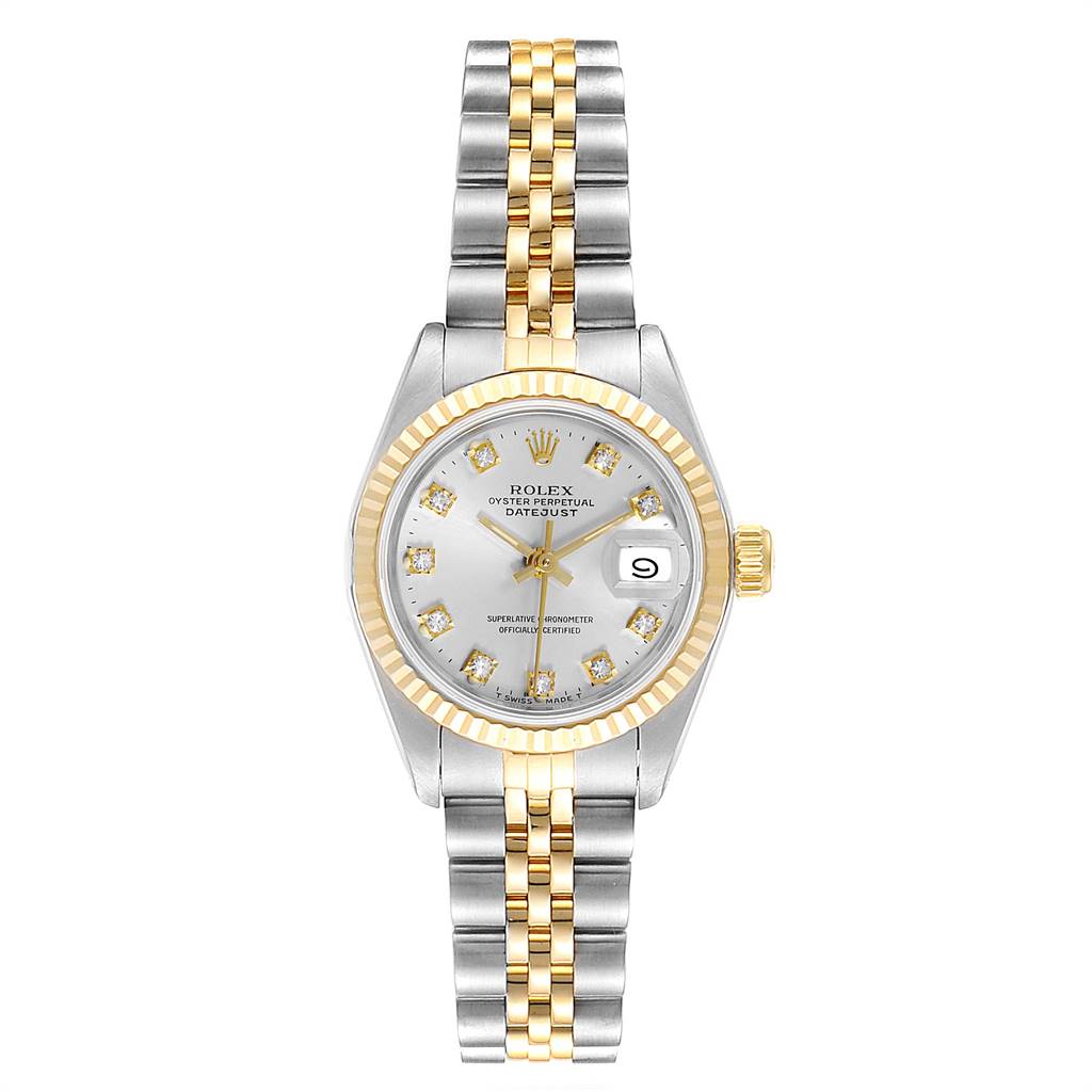 The image shows a frontal view of a Rolex Datejust 69173 Women's Stainless Steel Silver Dial 69173 Women's Stainless Steel Silver Dial watch, highlighting its two-tone bracelet, bezel, dial, and date window.