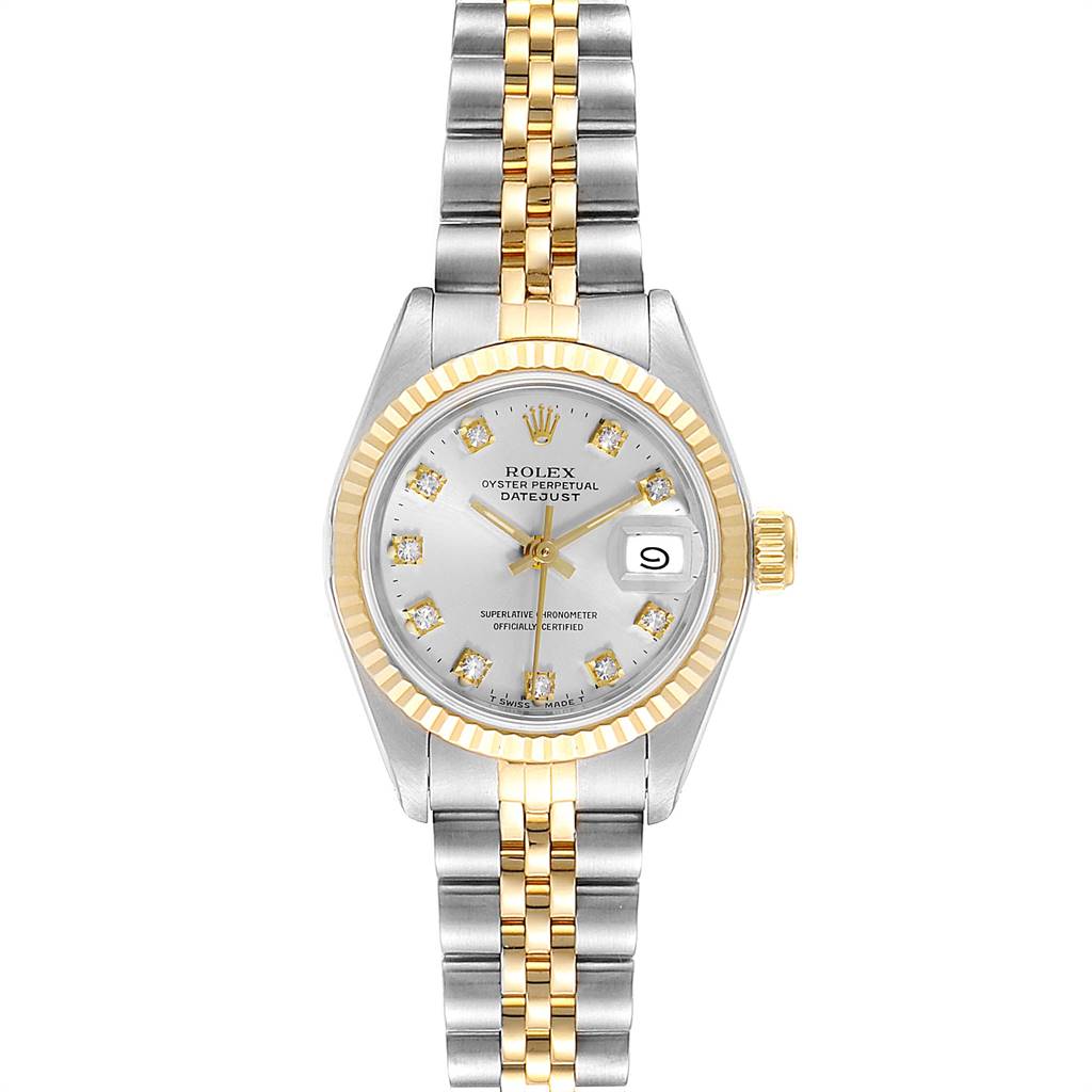 The image shows a frontal view of a Rolex Datejust 69173 Women's Stainless Steel Silver Dial 69173 Women's Stainless Steel Silver Dial watch, highlighting its gold and silver bracelet and detailed face.
