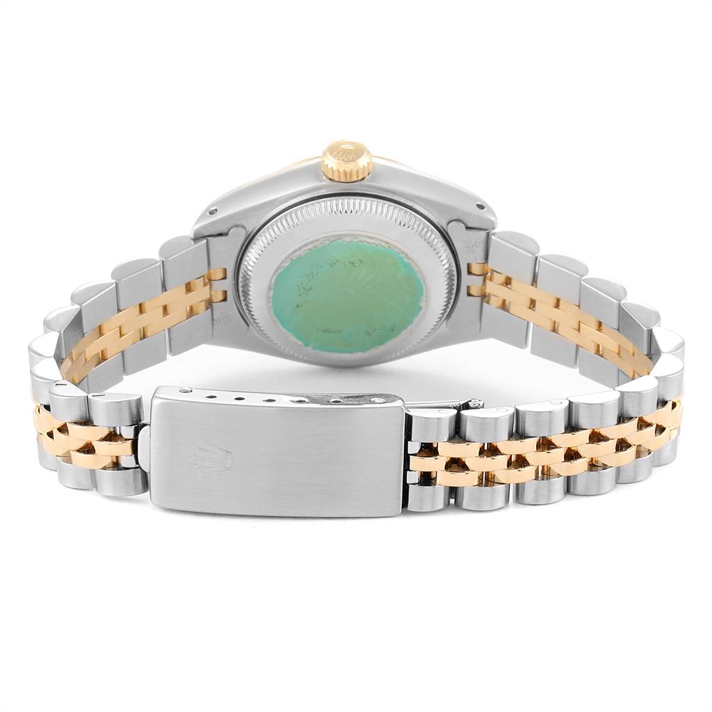 The image shows the back view of a Rolex Datejust 69173 Women's Stainless Steel Silver Dial 69173 Women's Stainless Steel Silver Dial watch, highlighting the clasp, bracelet, and case back.