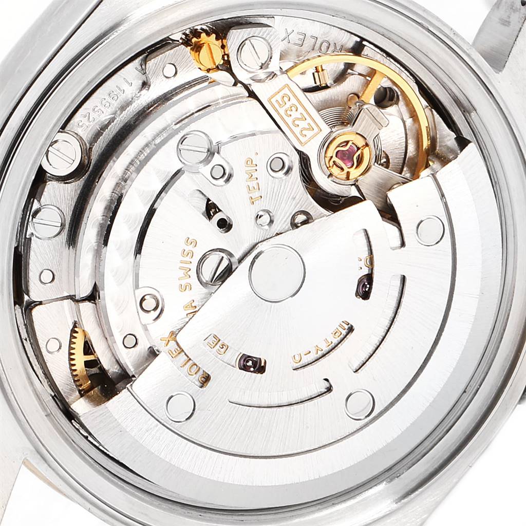 This image shows a close-up of the internal movement components of a Rolex Datejust 79173 Women
s Steel and Gold (two tone) Blue Dial 79173 Women
s Steel and Gold (two tone) Blue Dial watch from the rear angle.