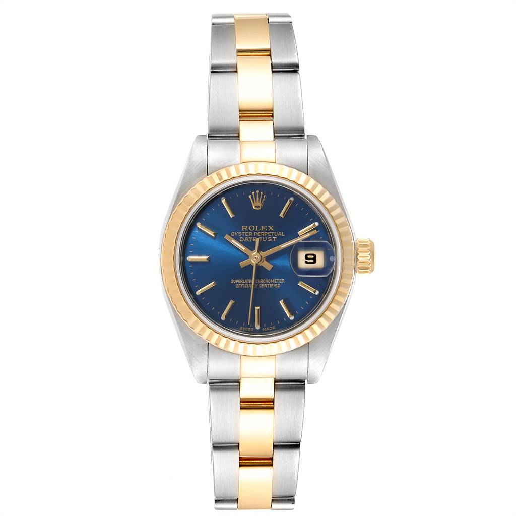 The image shows the front view of a Rolex Datejust 79173 Women
s Steel and Gold (two tone) Blue Dial 79173 Women
s Steel and Gold (two tone) Blue Dial watch, highlighting its dial, bezel, and two-tone bracelet.