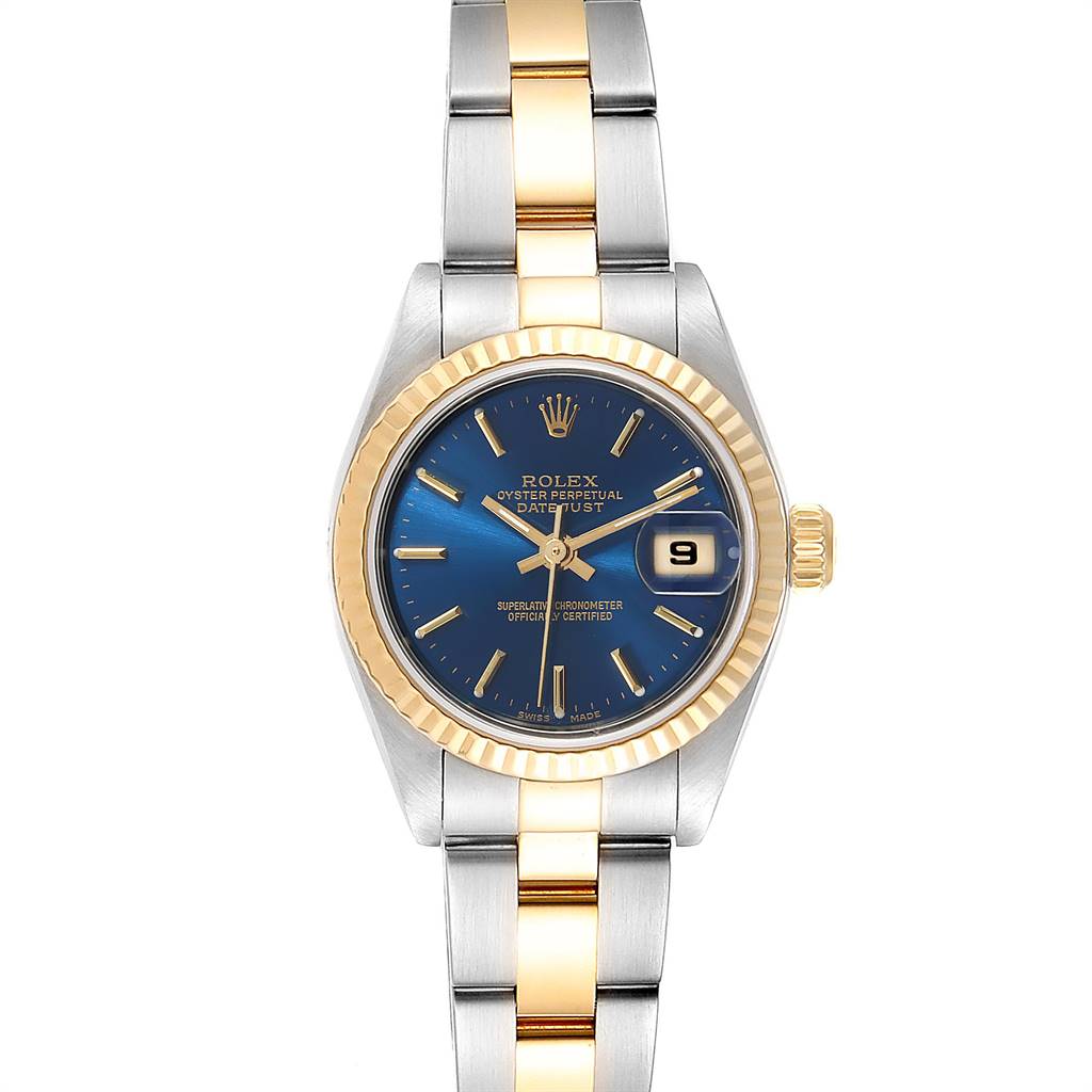 This is a front view of a Rolex Datejust 79173 Women
s Steel and Gold (two tone) Blue Dial 79173 Women
s Steel and Gold (two tone) Blue Dial watch showcasing the blue dial, gold fluted bezel, and two-tone bracelet.