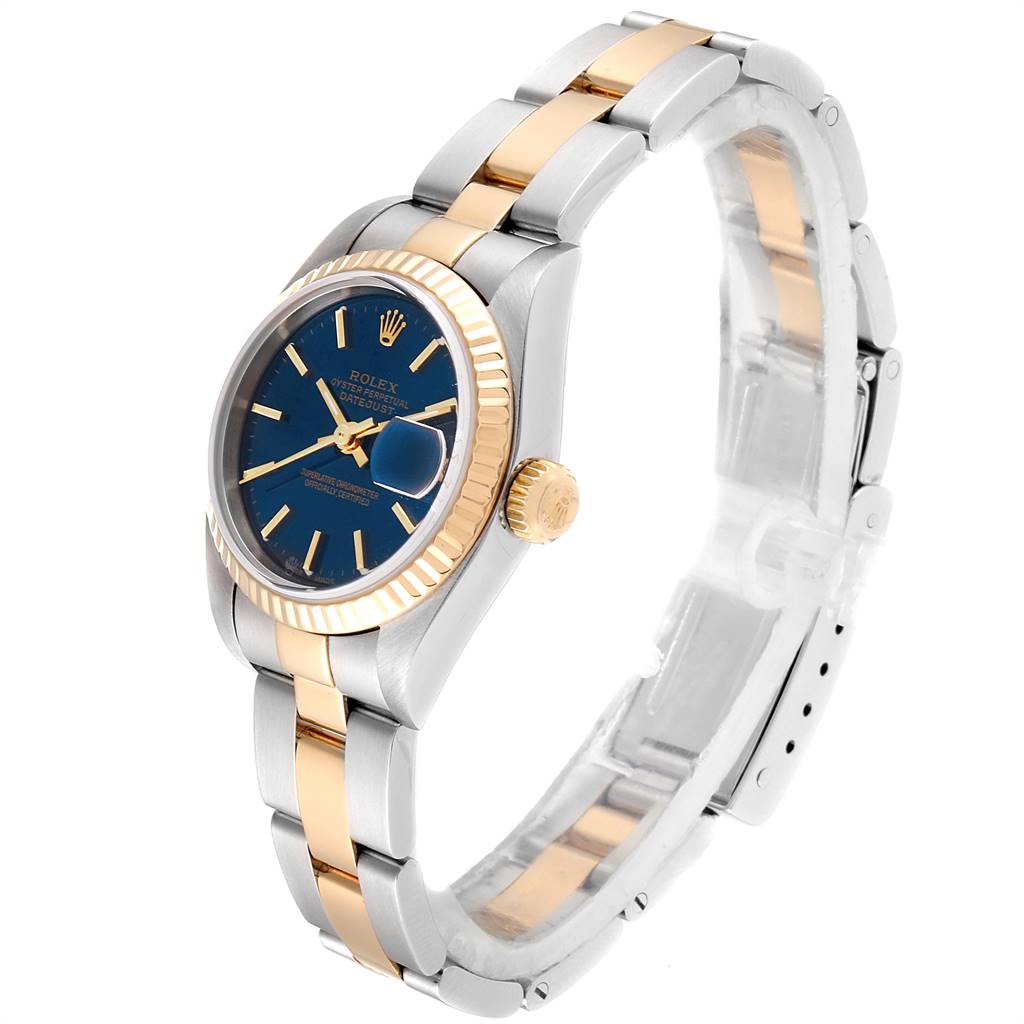 This image shows a side-angle view of the Rolex Datejust 79173 Women
s Steel and Gold (two tone) Blue Dial 79173 Women
s Steel and Gold (two tone) Blue Dial watch, highlighting the band, bezel, crown, and dial.
