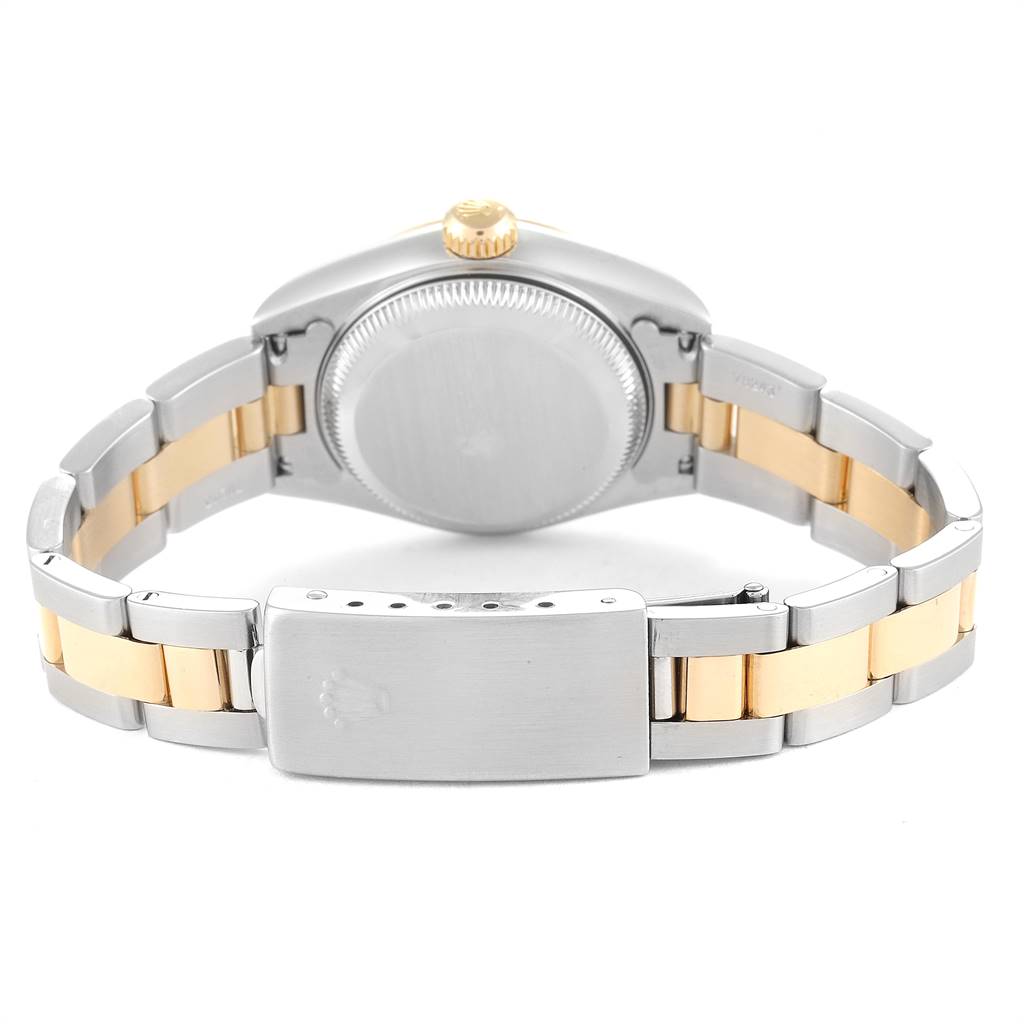 This image shows the back view of a Rolex Datejust 79173 Women
s Steel and Gold (two tone) Blue Dial 79173 Women
s Steel and Gold (two tone) Blue Dial watch, highlighting the case back, crown, and two-tone bracelet with the clasp.