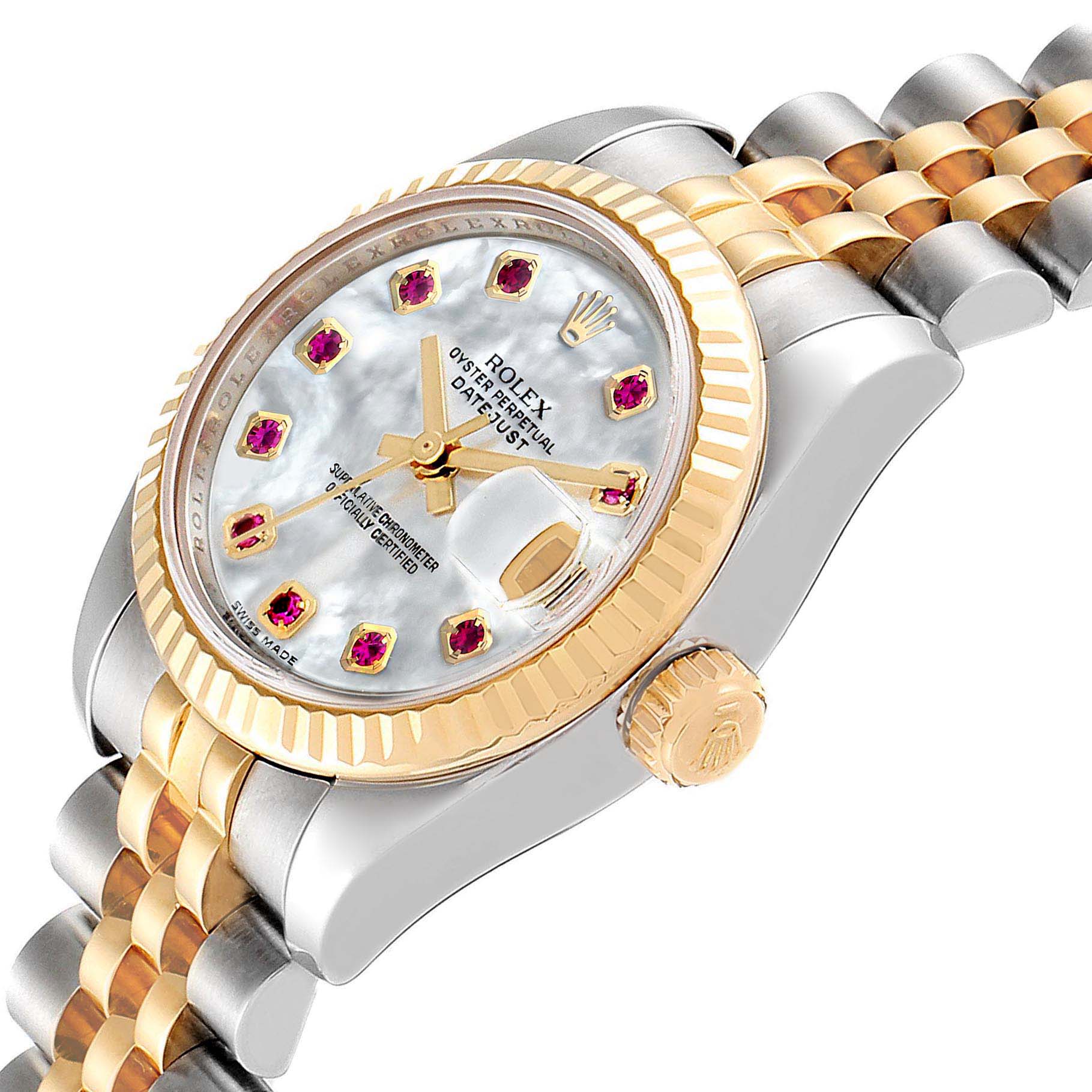 This image shows the face, crown, and bracelet of a Rolex Datejust 179173 Women's Steel and Gold (two tone) Mother of Pearl Dial 179173 Women's Steel and Gold (two tone) Mother of Pearl Dial watch at a three-quarter angle.