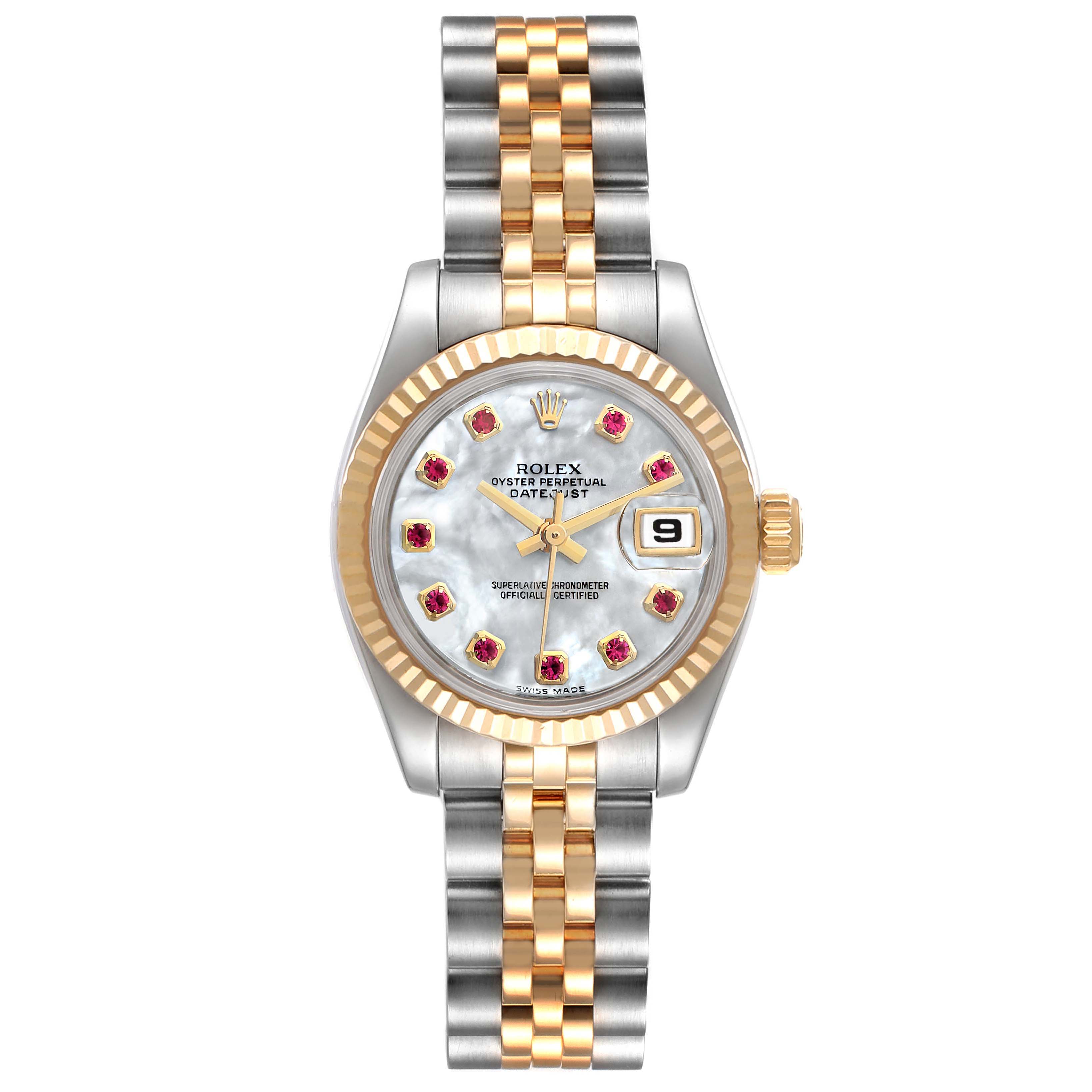 The image shows a Rolex Datejust 179173 Women's Steel and Gold (two tone) Mother of Pearl Dial 179173 Women's Steel and Gold (two tone) Mother of Pearl Dial watch from a front angle, highlighting the dial, bezel, hands, and jubilee bracelet.