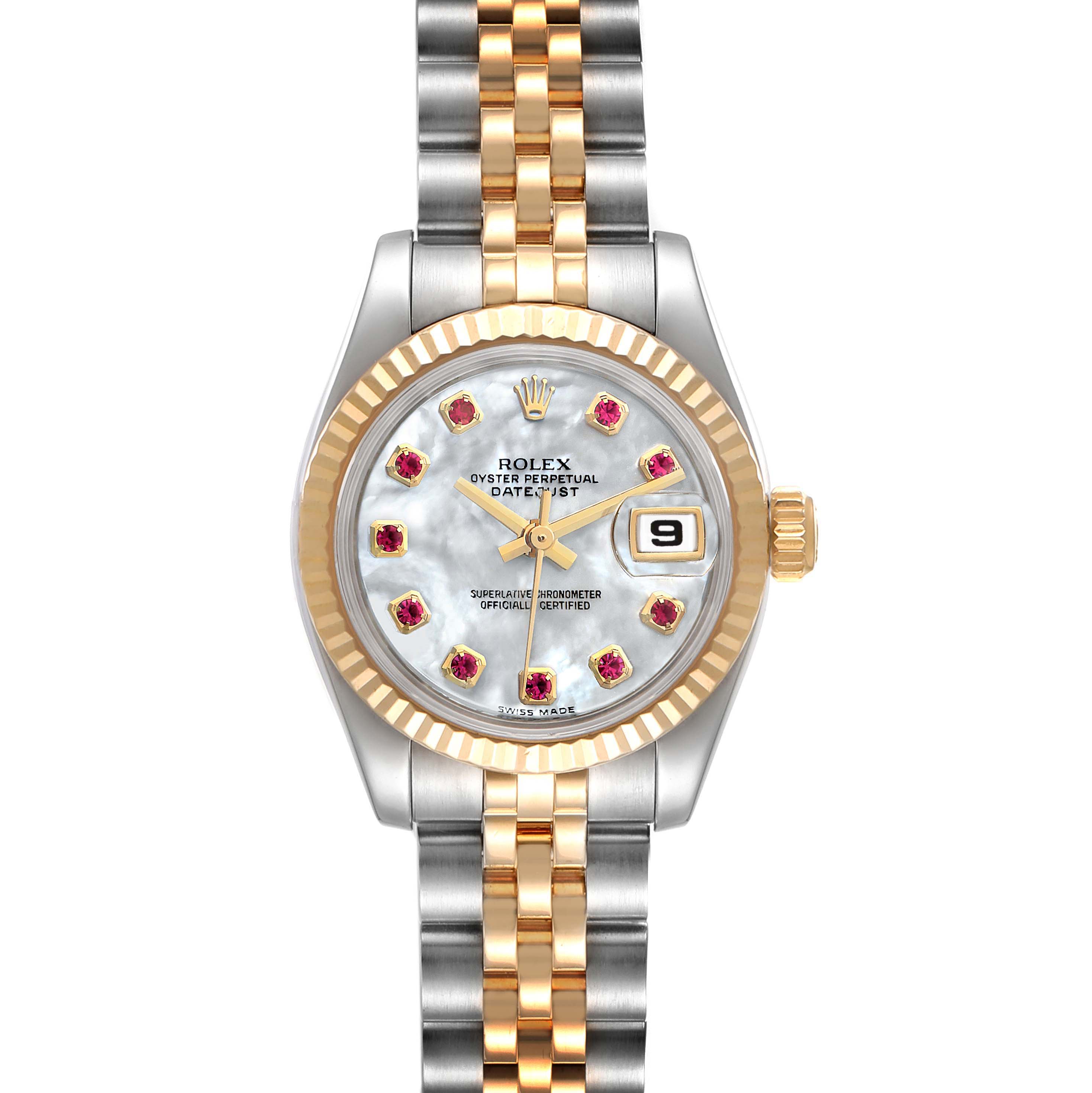This image shows a front view of a Rolex Datejust 179173 Women's Steel and Gold (two tone) Mother of Pearl Dial 179173 Women's Steel and Gold (two tone) Mother of Pearl Dial watch with a fluted bezel, jubilee bracelet, and diamond hour markers.