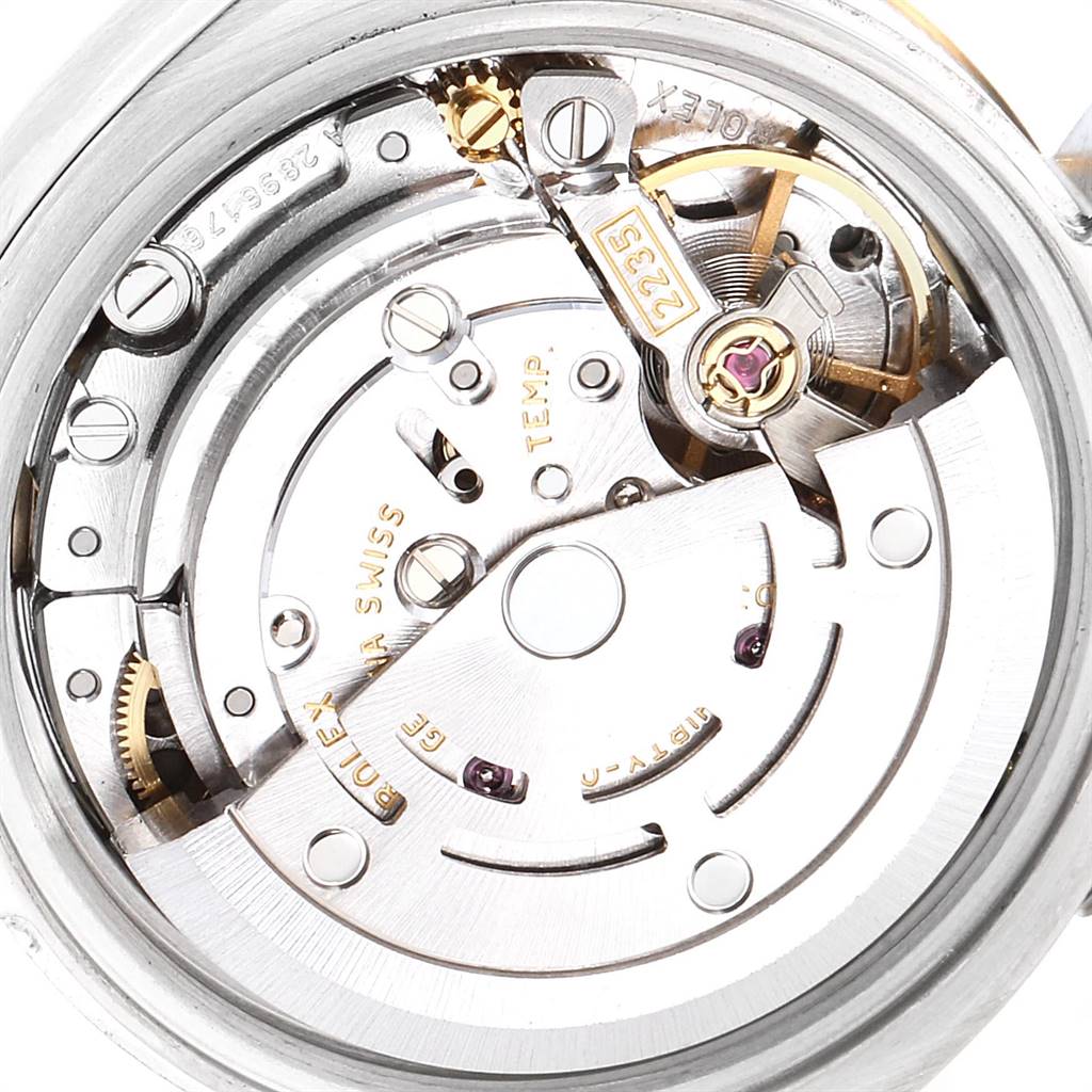This image shows a close-up view of the movement and internal mechanisms of a Rolex Datejust 179173 Women's Steel and Gold (two tone) Mother of Pearl Dial 179173 Women's Steel and Gold (two tone) Mother of Pearl Dial watch.