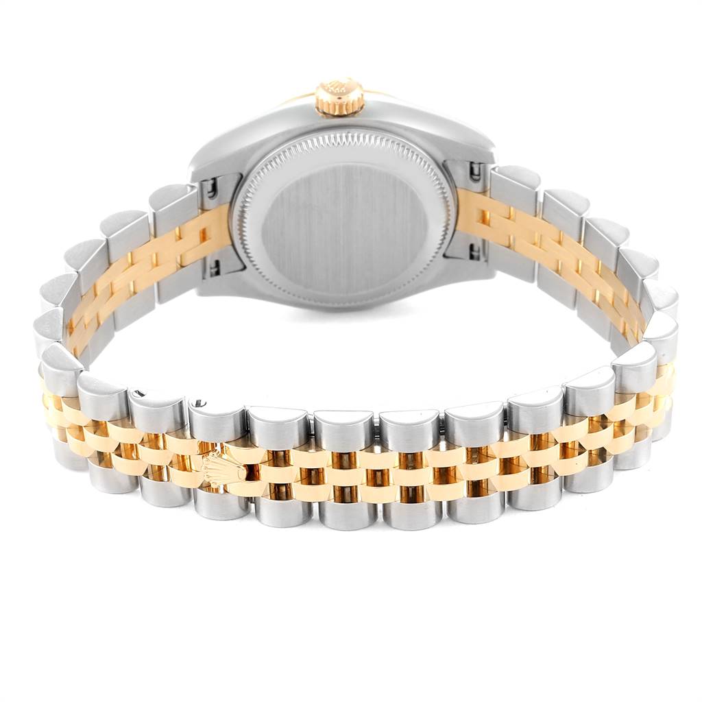 This image shows the back view of a Rolex Datejust 179173 Women's Steel and Gold (two tone) Mother of Pearl Dial 179173 Women's Steel and Gold (two tone) Mother of Pearl Dial watch, highlighting the case back and the two-tone Jubilee bracelet.