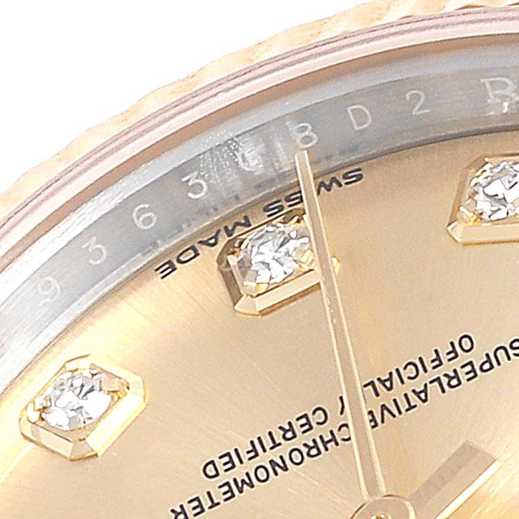 This image shows a close-up of the dial and diamond hour markers of a Rolex Datejust 279173 Women's Steel and Gold (two tone) Champagne Dial 279173 Women's Steel and Gold (two tone) Champagne Dial watch, focusing on the area near the 8 o'clock position.
