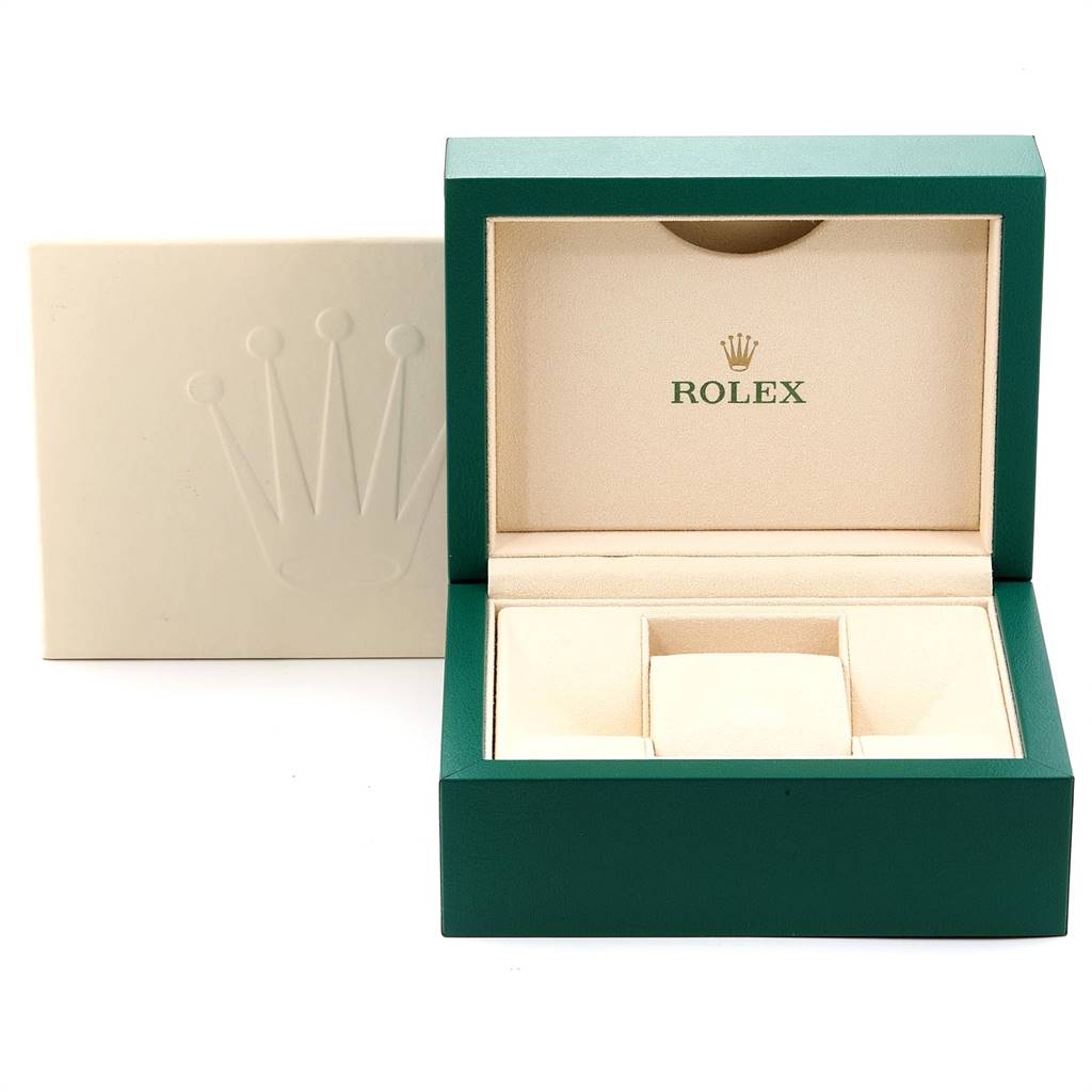 The image shows an open green and beige Rolex Datejust 279173 Women's Steel and Gold (two tone) Champagne Dial 279173 Women's Steel and Gold (two tone) Champagne Dial watch box with the Rolex logo inside.