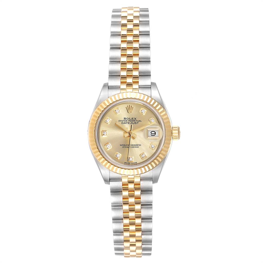 This Rolex Datejust 279173 Women's Steel and Gold (two tone) Champagne Dial 279173 Women's Steel and Gold (two tone) Champagne Dial watch is viewed from the front, showing the dial, bezel, and two-tone bracelet.