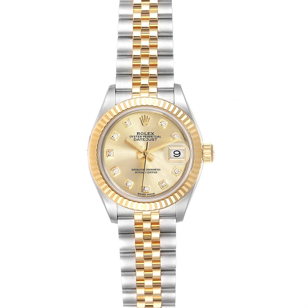 This image shows a front view of a Rolex Datejust 279173 Women's Steel and Gold (two tone) Champagne Dial 279173 Women's Steel and Gold (two tone) Champagne Dial watch with a two-tone bracelet and a diamond-set champagne dial.