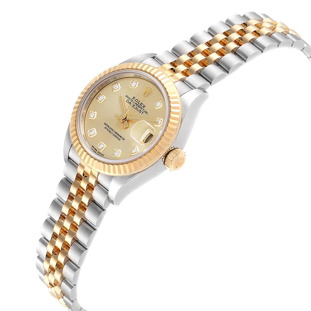 The image shows a side-angle view of a Rolex Datejust 279173 Women's Steel and Gold (two tone) Champagne Dial 279173 Women's Steel and Gold (two tone) Champagne Dial watch, highlighting its dial, crown, and two-tone bracelet.