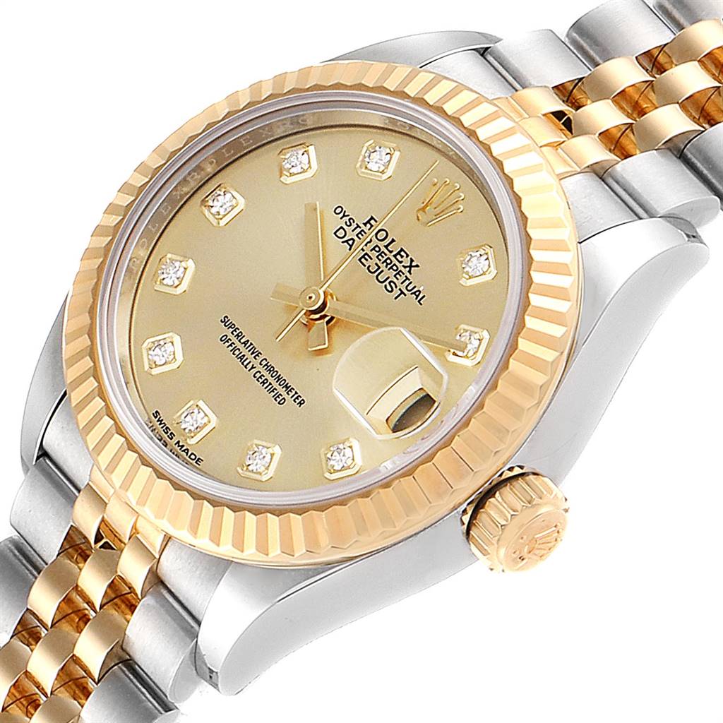 The image shows a Rolex Datejust 279173 Women's Steel and Gold (two tone) Champagne Dial 279173 Women's Steel and Gold (two tone) Champagne Dial watch with a gold and diamond dial, fluted bezel, and two-tone bracelet from a slightly angled top-down view.