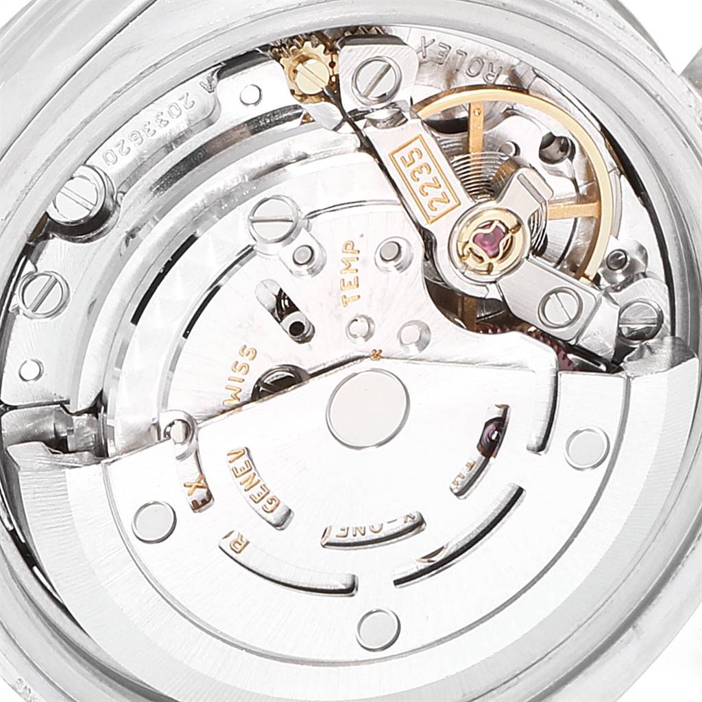 This image shows a close-up view of the inner mechanical movement of a Rolex Datejust 179174 Women's Stainless Steel White Dial 179174 Women's Stainless Steel White Dial watch.