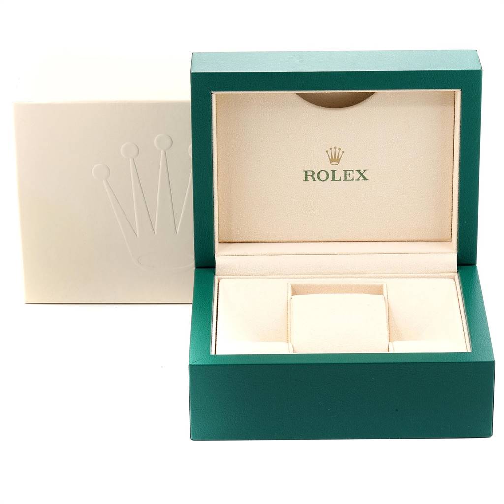 The image shows an empty Rolex Datejust 179174 Women's Stainless Steel White Dial 179174 Women's Stainless Steel White Dial watch box with the lid open, revealing the inner compartments and the logo.