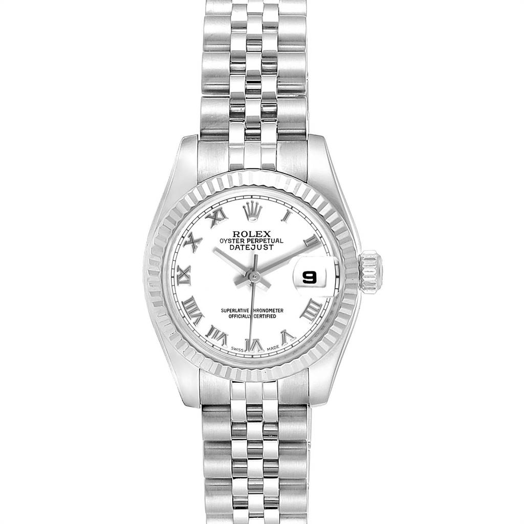 The image shows a front view of the Rolex Datejust 179174 Women's Stainless Steel White Dial 179174 Women's Stainless Steel White Dial watch, highlighting the dial, bezel, bracelet, and date window.