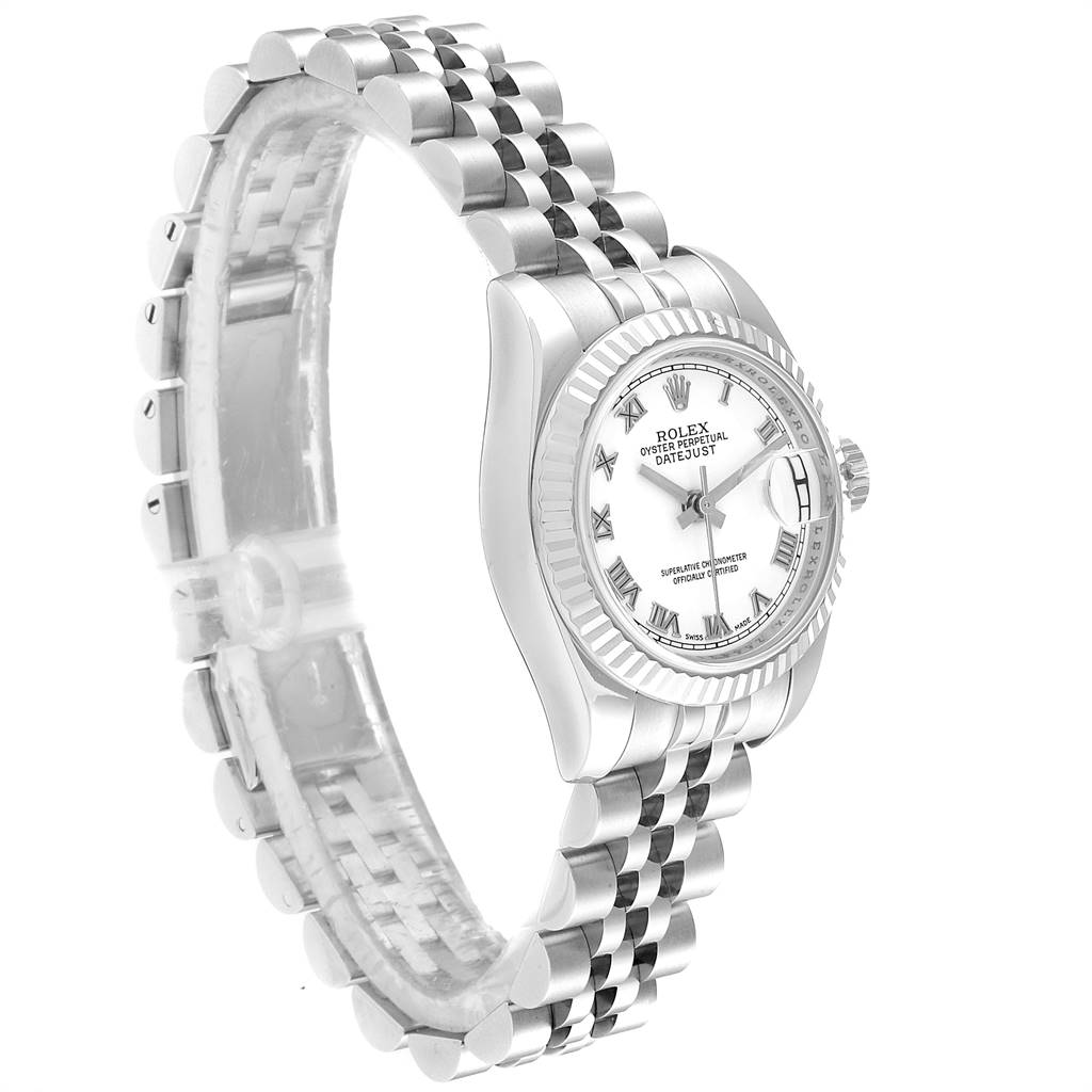 This is a side-angle view of a Rolex Datejust 179174 Women's Stainless Steel White Dial 179174 Women's Stainless Steel White Dial watch, showing the face, bezel, and bracelet.