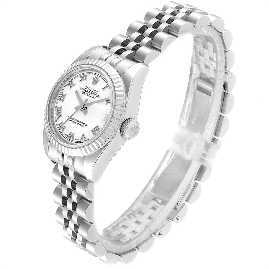 This image shows a side and partial frontal angle of the Rolex Datejust 179174 Women's Stainless Steel White Dial 179174 Women's Stainless Steel White Dial watch, featuring the watch case, dial, crown, and bracelet.