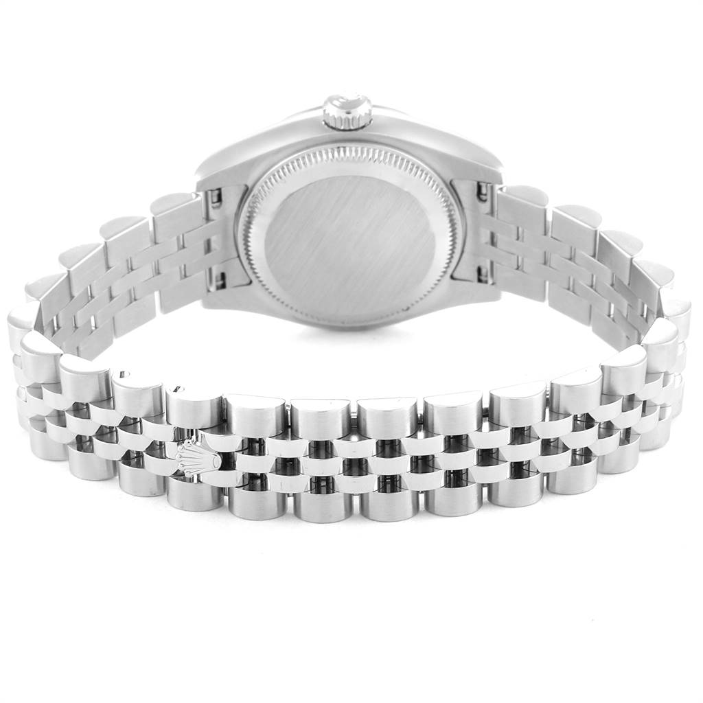 This image shows the back view of the Rolex Datejust 179174 Women's Stainless Steel White Dial 179174 Women's Stainless Steel White Dial watch, focusing on the case back and bracelet.