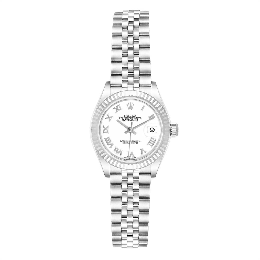 This image shows the front view of a Rolex Datejust 279174 Women's Stainless Steel White Dial 279174 Women's Stainless Steel White Dial watch, displaying the dial, fluted bezel, and Jubilee bracelet.