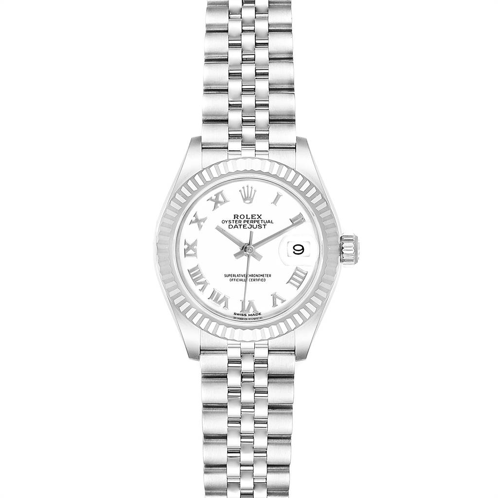 The image shows a frontal view of a Rolex Datejust 279174 Women's Stainless Steel White Dial 279174 Women's Stainless Steel White Dial watch, displaying the dial, bezel, and bracelet.