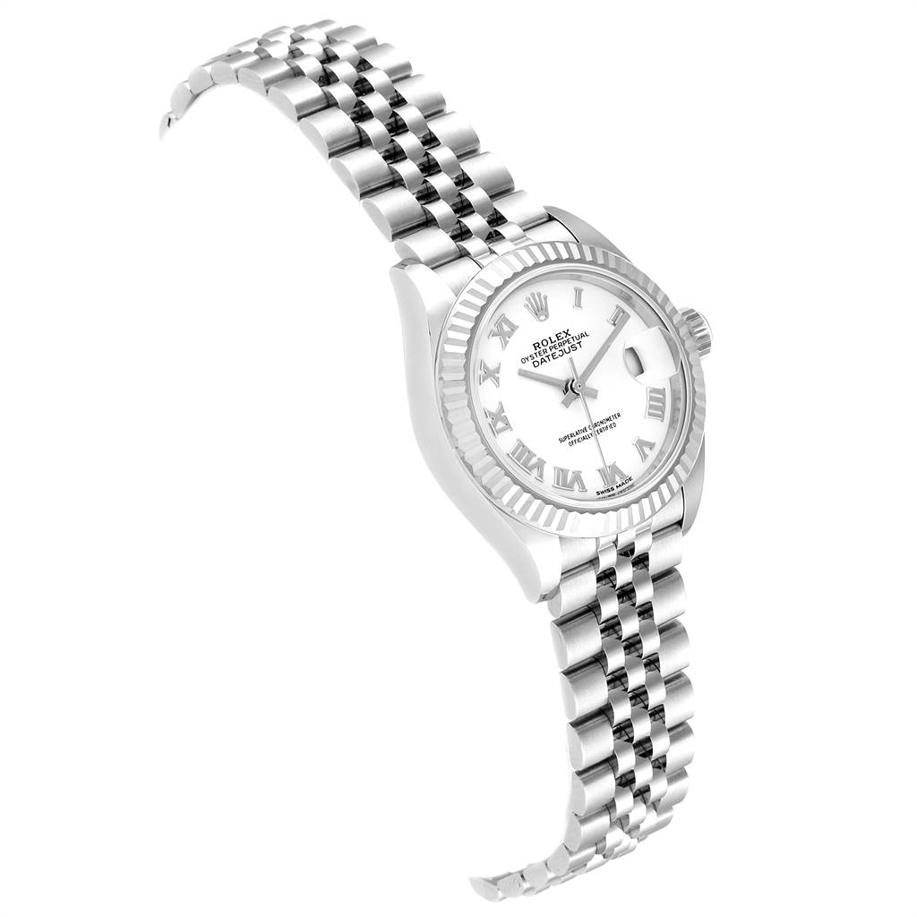 The Rolex Datejust 279174 Women's Stainless Steel White Dial 279174 Women's Stainless Steel White Dial watch is shown at an elevated angle, displaying the case, bezel, dial, and bracelet.