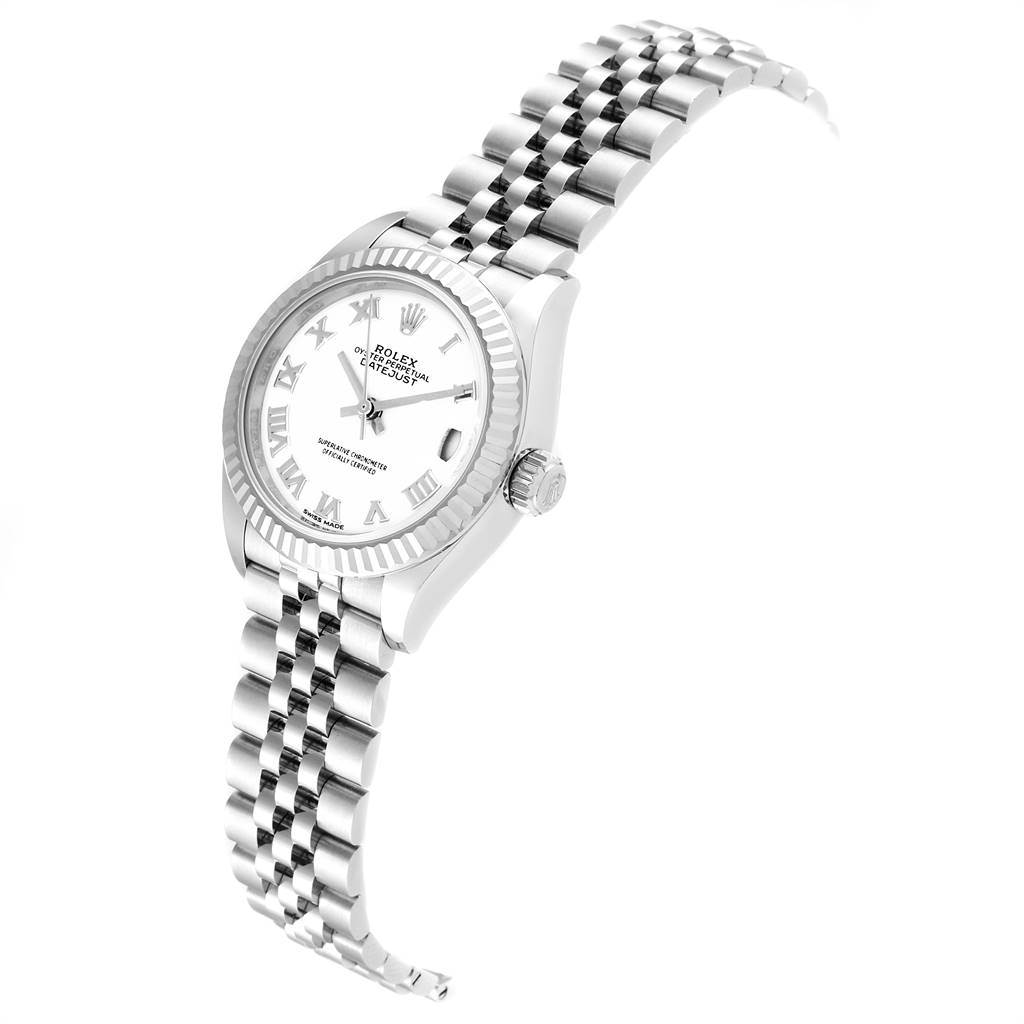 This image shows a side-angle view of a Rolex Datejust 279174 Women's Stainless Steel White Dial 279174 Women's Stainless Steel White Dial watch, highlighting the bezel, crown, dial, and part of the bracelet.