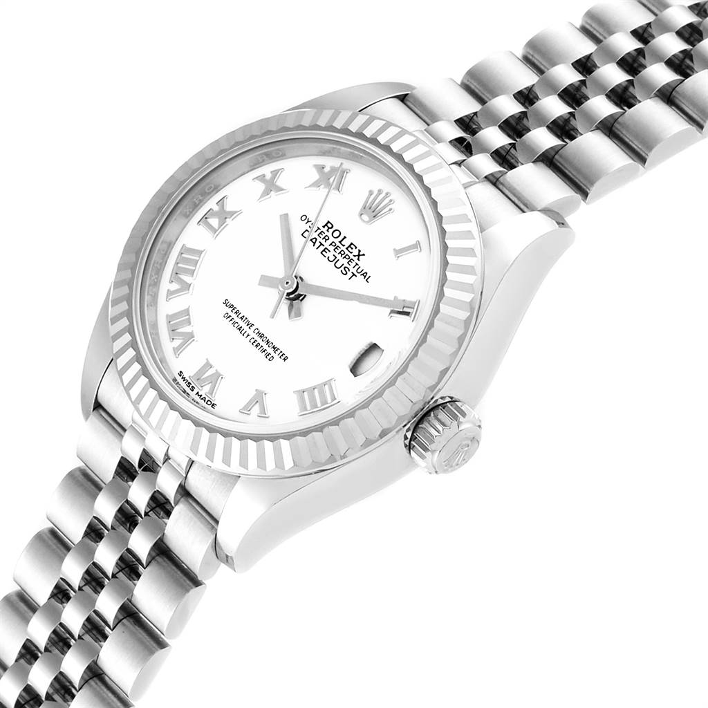 The Rolex Datejust 279174 Women's Stainless Steel White Dial 279174 Women's Stainless Steel White Dial watch is shown at an oblique angle, highlighting its dial, bezel, bracelet, and crown.