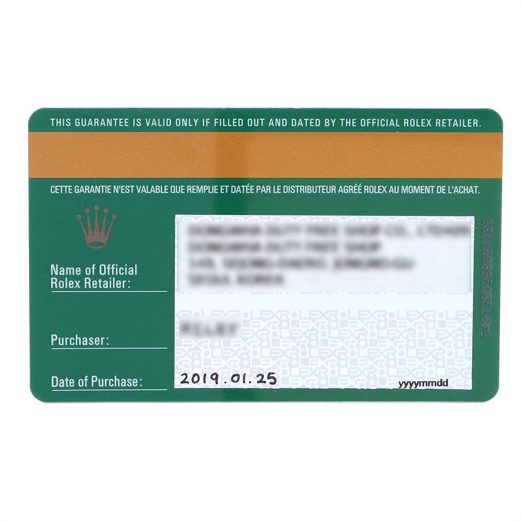 The image shows a Rolex green guarantee card with purchase details for the Rolex Datejust 279174 Women's Stainless Steel White Dial 279174 Women's Stainless Steel White Dial model.