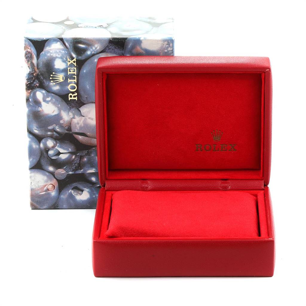 The image shows an open Rolex Datejust 69163 Women's Stainless Steel Beige Dial 69163 Women's Stainless Steel Beige Dial watch box with a red interior and a decorative outer box in the background.