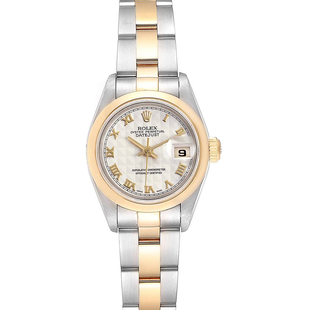 The image shows a front view of a Rolex Datejust 69163 Women's Stainless Steel Beige Dial 69163 Women's Stainless Steel Beige Dial watch, displaying the dial, case, crown, and bracelet. 