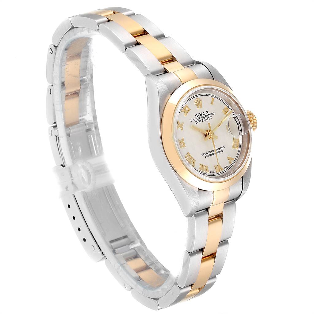 The image shows a Rolex Datejust 69163 Women's Stainless Steel Beige Dial 69163 Women's Stainless Steel Beige Dial watch at a side angle, highlighting the dial, bezel, and two-tone bracelet.