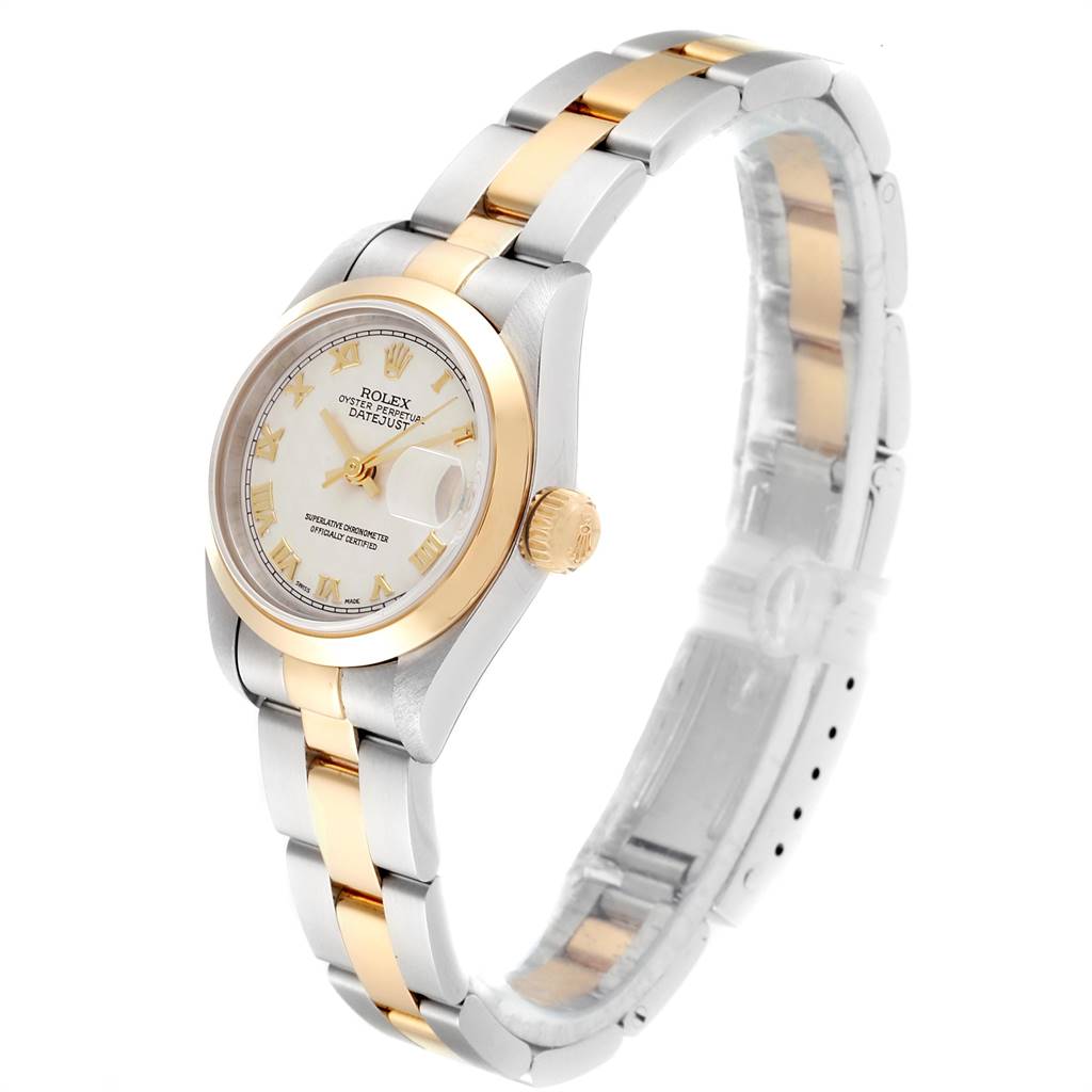 The image shows a Rolex Datejust 69163 Women's Stainless Steel Beige Dial 69163 Women's Stainless Steel Beige Dial watch from a side angle, highlighting its two-tone bracelet and gold bezel.