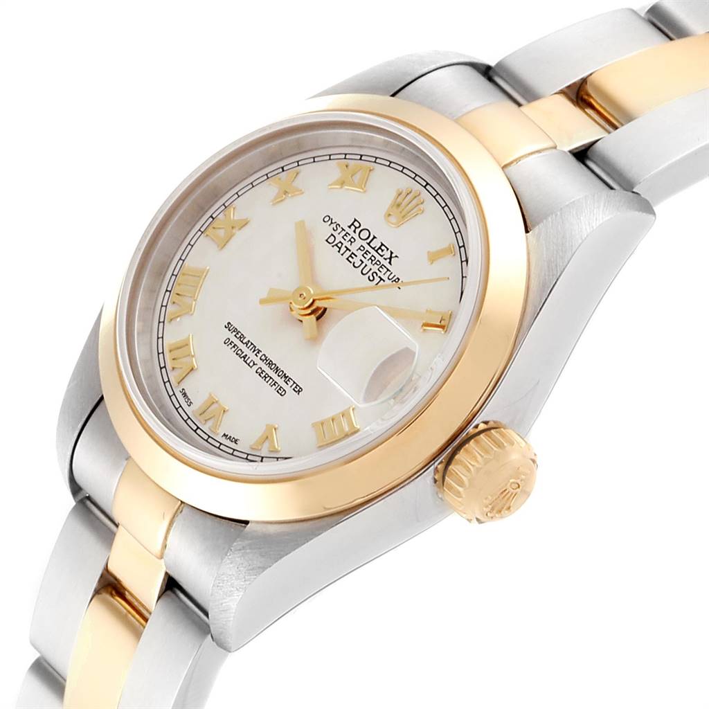 The image shows the dial, bezel, crown, and bracelet of a Rolex Datejust 69163 Women's Stainless Steel Beige Dial 69163 Women's Stainless Steel Beige Dial watch at a tilted angle.